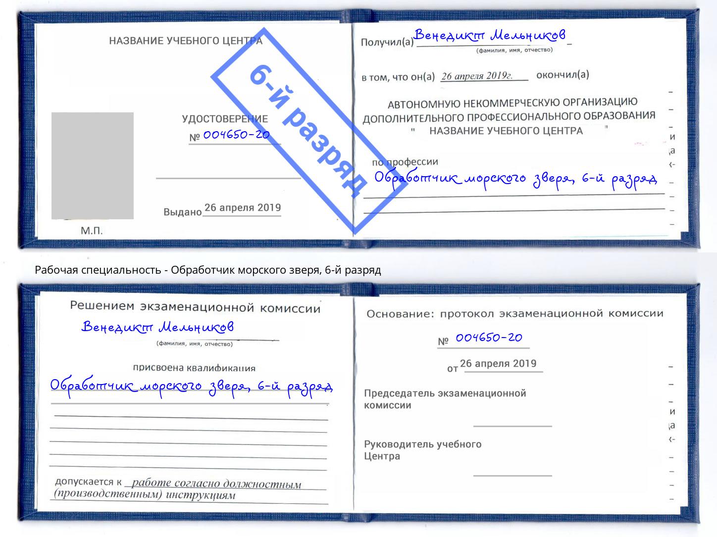 корочка 6-й разряд Обработчик морского зверя Югорск